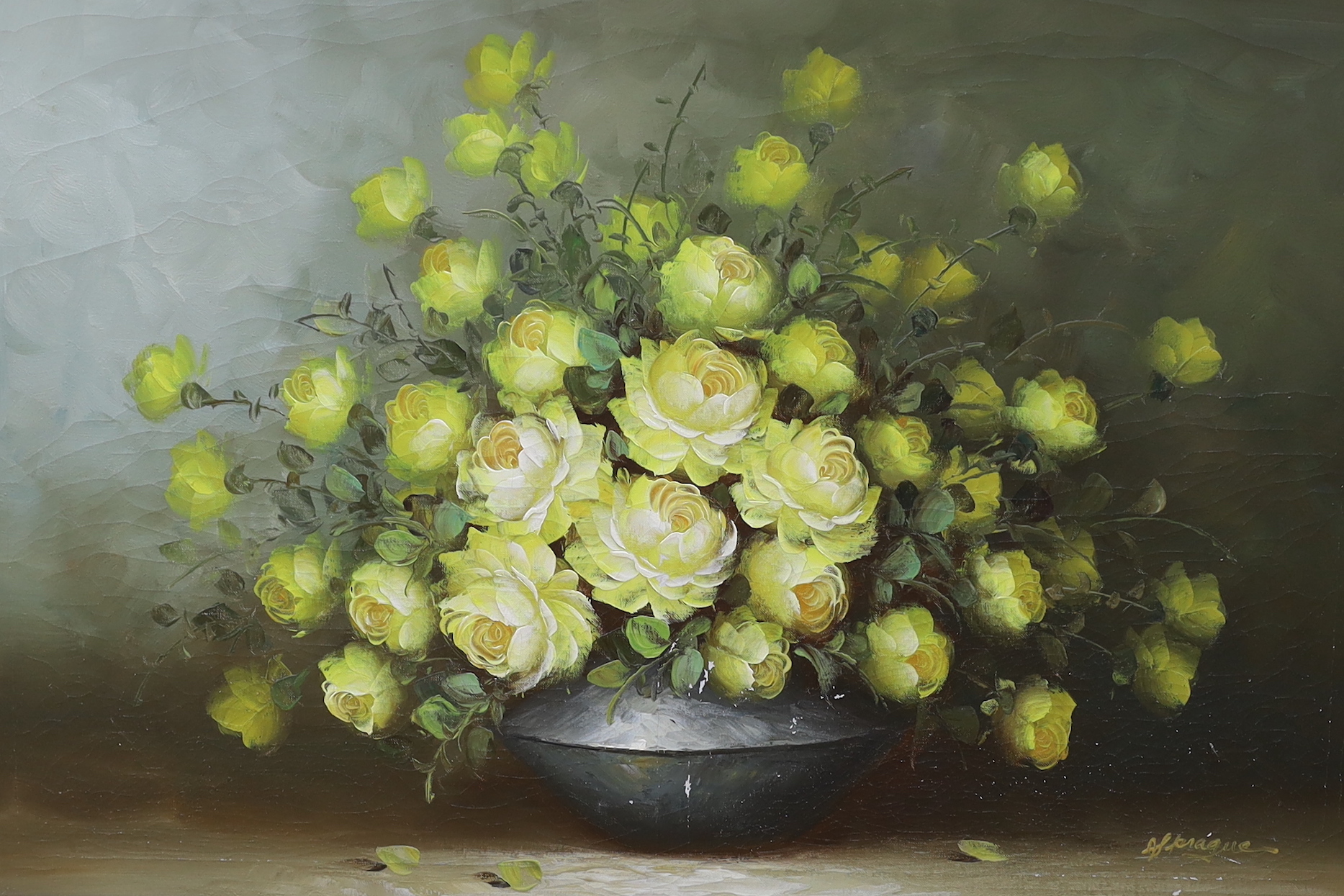 A.S. Prague, oil on canvas, Still life of roses in a bowl, signed, 59 x 89cm